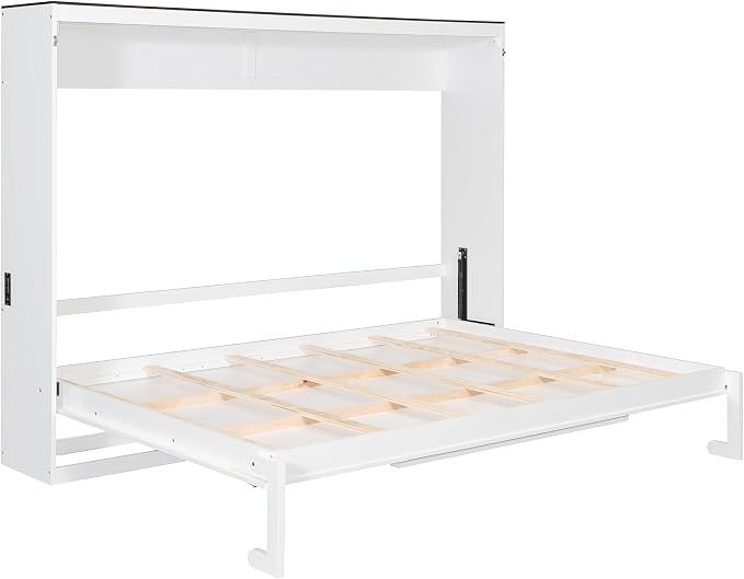 Virubi Queen Horizontal Murphy Bed with USB Charging Station,Wood Farmhouse Murphy Wall Bed Cabinet with Slats,Foldable Space-Saving for Guest Room, Home Office (White,Queen)