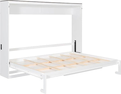 Virubi Queen Horizontal Murphy Bed with USB Charging Station,Wood Farmhouse Murphy Wall Bed Cabinet with Slats,Foldable Space-Saving for Guest Room, Home Office (White,Queen)