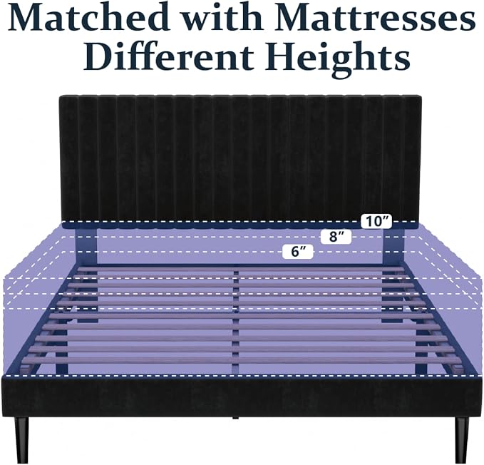 HAOARA Full Size Platform Bed Frame with Velvet Upholstered Headboard, Full Bed Frame with Strong Wood Slats, Mattress Foundation, Box Spring Optional, Easy Assembly, Black