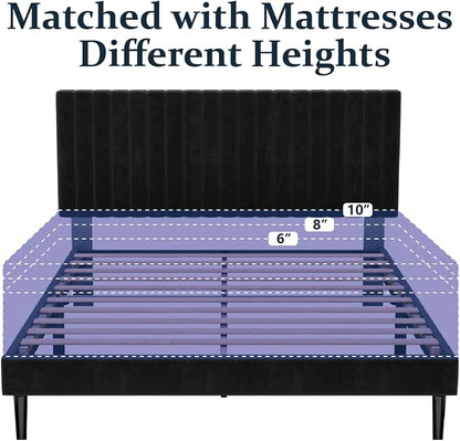HAOARA Full Size Platform Bed Frame with Velvet Upholstered Headboard, Full Bed Frame with Strong Wood Slats, Mattress Foundation, Box Spring Optional, Easy Assembly, Black