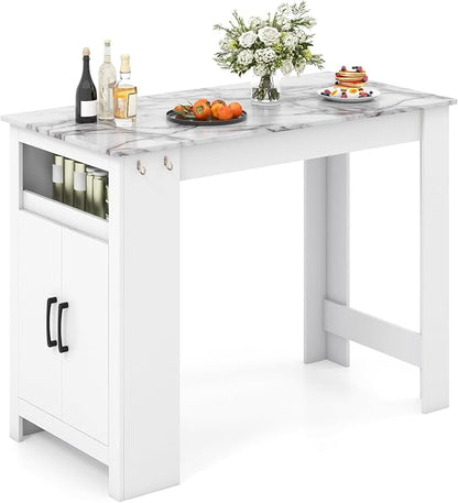 COSTWAY Bar Table, Modern Faux Marble Breakfast Table with 7 Hanging Hooks, Open Compartment, Storage Cabinet & Adjustable Shelf, Counter Height Dining Table for Kitchen, Dining Room, Living Room