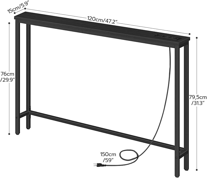 HOOBRO 47.2" Narrow Console Table with Power Outlet, 5.9" Behind Couch Table with Charging Station, Long Sofa Side Table, Skinny Entryway Table for Living Room, Hallway, Foyer, Black BB15XG01G1