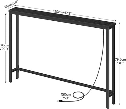 HOOBRO 47.2" Narrow Console Table with Power Outlet, 5.9" Behind Couch Table with Charging Station, Long Sofa Side Table, Skinny Entryway Table for Living Room, Hallway, Foyer, Black BB15XG01G1