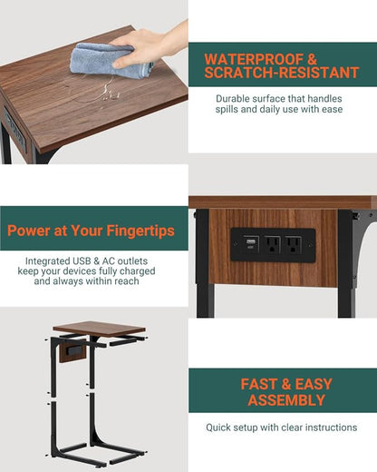 C-Shaped Side Table for Couch - Small Coffee Stand Sofa Tray Desk with Metal Frame Waterproof Scratch Resistant Wood Top and Built-in Charging Station, Rustic Walnut