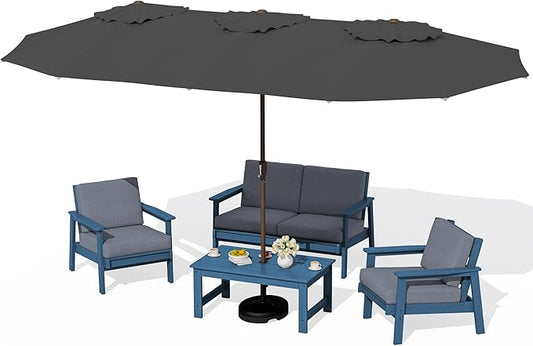 SERWALL HDPE Patio Furniture Set with 15FT Double Side Patio Umbrella, All Weather Wood-Like Outdoor Sofa Sectional Couch, Blue Patio Furniture with Grey Cushions