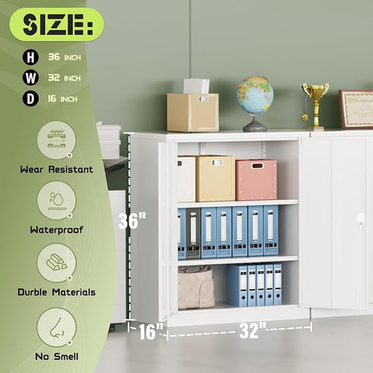 Incbruce 36” Metal Storage Cabinet, Locking Steel Storage Cabinet with 2 Doors and 2 Adjustable Shelves, Small Lockable Tool Storages Cabinet for Garage, Home, Office (White)