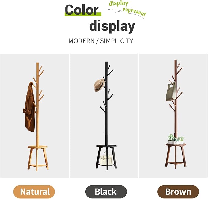 BMOSU Coat Rack freestanding Stand with 2 Shelves Bamboo Wooden Coat Tree Easy Assembly 8 Hooks Standing Jackets Hanger Hallway Office Floor Coat Stand Brown