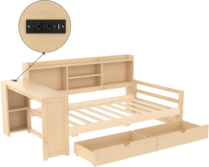 Bellemave Twin Size Corner Bed Frame with Storage Drawers and Desk,Captain L-Shaped Daybed with Bookcase,Corner Bed Frame Twin Size with Charging Station for Kids,Teens,Guests,Natural