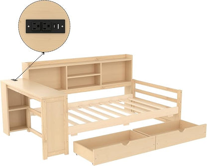 Bellemave Twin Size Corner Bed Frame with Storage Drawers and Desk,Captain L-Shaped Daybed with Bookcase,Corner Bed Frame Twin Size with Charging Station for Kids,Teens,Guests,Natural