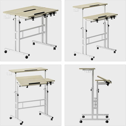 SogesHome 31.5 inch Mobile Standing Desk Adjustable Computer Desk Rolling Laptop Cart Portable Laptop Stand on Wheels Home Office Workstation with Cup Holder,Headphone Holder, Upgrade Maple