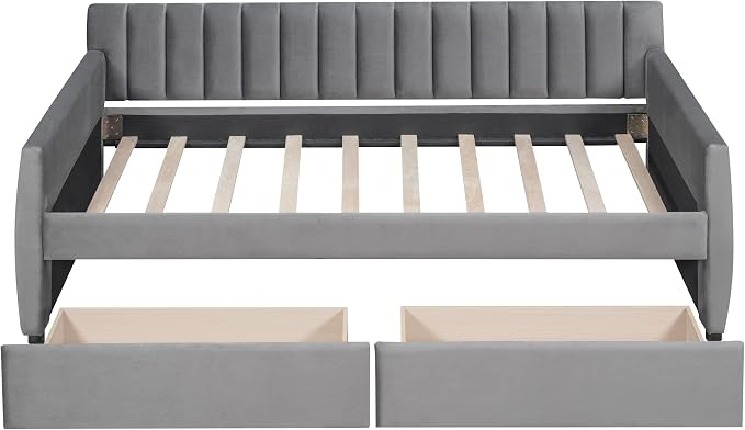 Merax Upholstered Daybed with 2 Drawers, Twin Size Bed Frame with Storage and Wood Slat Support, Gray