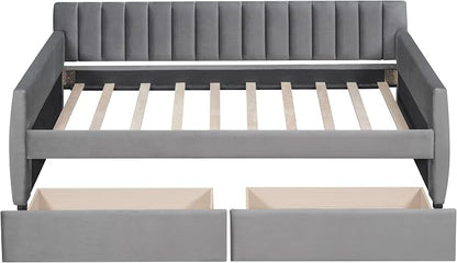 Merax Upholstered Daybed with 2 Drawers, Twin Size Bed Frame with Storage and Wood Slat Support, Gray