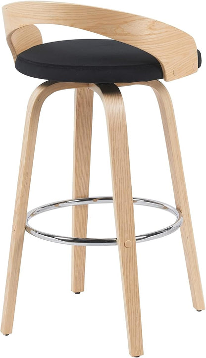 Sonia Modern Swivel Bar Height Stool with Black Upholstered Seat and Patterned Oak Wood Finish Set of 3