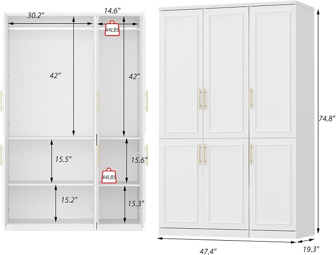 WOODTIME Wardrobe Closet with 2 Hanging Rods, Modern Wooden Armoire with 6 Framed Doors & 6 Shelves, Clothes Storage Cabinet Organizer for Bedroom Apartment, White