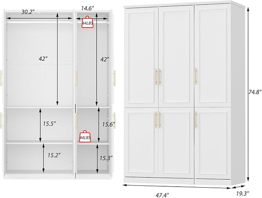 WOODTIME Wardrobe Closet with 2 Hanging Rods, Modern Wooden Armoire with 6 Framed Doors & 6 Shelves, Clothes Storage Cabinet Organizer for Bedroom Apartment, White