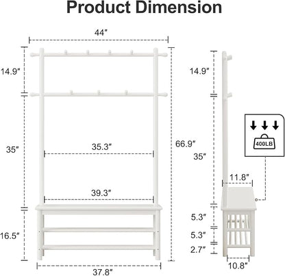 AQIMUELE Coat Rack with Shoe Storage, Wooden Hall Tree with Bench, 11 Hooks and 2-Tier Storage Shelves, 3-in-1, Entryway Bench with Coat Rack (39.3"-Deep White)