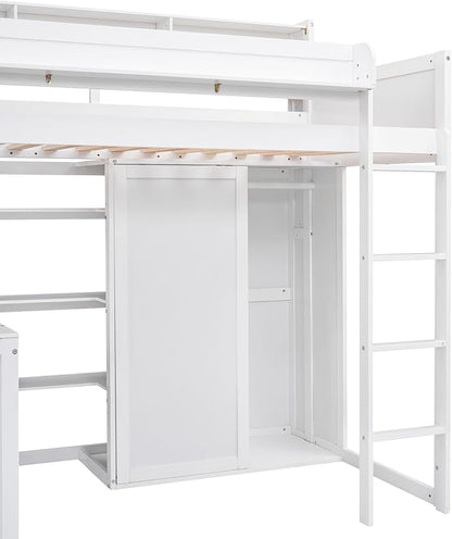 Ball & Cast Twin Size Loft Bed with Big Storage Under-Bed Desk & Staircase,Wooden Bedframe W/Integrated Wardrobe,Drawers & Shelves,Space-Saving,Modern Furniture for Boy Girl Teens Small Bedroom,Gray