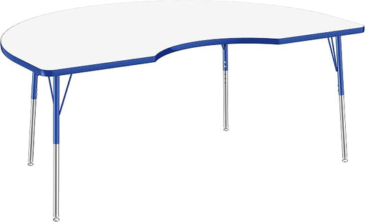 FDP Dry-Erase Kidney Activity School and Office Table (48 x 72 inch), Standard Legs with Swivel Glides for Collaborative Spaces, Adjustable Height 19-30 inches - Whiteboard Top, Blue Edge and Legs