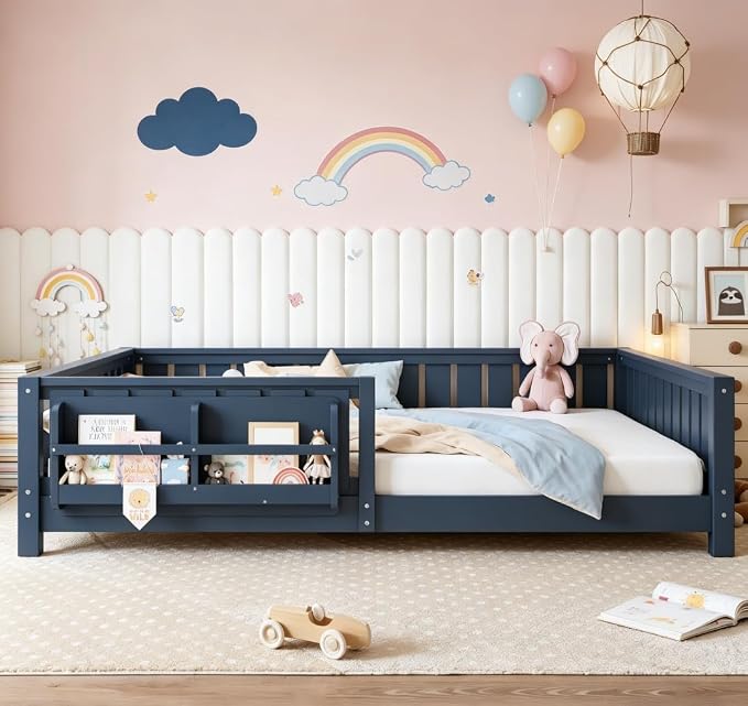 Bellemave Queen Size Floor Bed with high Rails and with Built-in Bookshelf for Kids, Girls, Boys, Wood Montessori Floor Bed Without Door, Blue