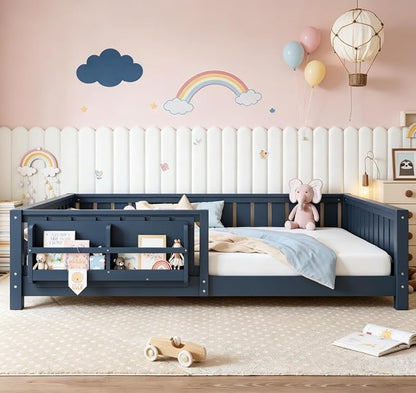 Bellemave Queen Size Floor Bed with high Rails and with Built-in Bookshelf for Kids, Girls, Boys, Wood Montessori Floor Bed Without Door, Blue