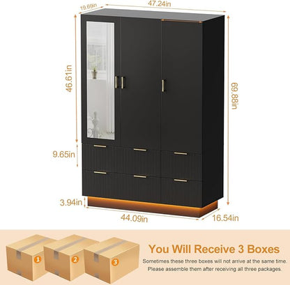 PAKASEPT Large Wardrobe Closet, 3 Door Armoire Closet | Mirror and LED Lights, Hanging Rod, Drawers, Armoires and Wardrobes for Bedroom