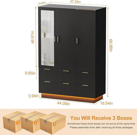 PAKASEPT Large Wardrobe Closet, 3 Door Armoire Closet | Mirror and LED Lights, Hanging Rod, Drawers, Armoires and Wardrobes for Bedroom