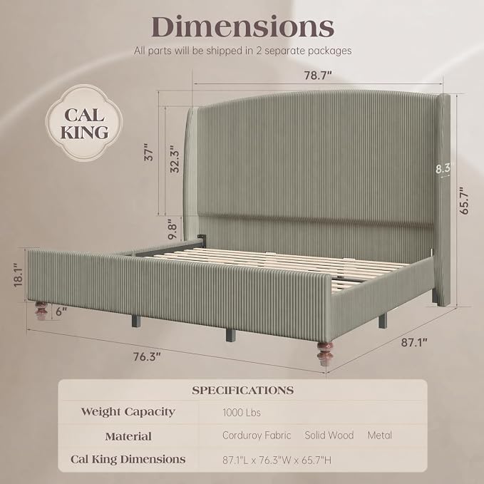 65.7" Tall Headboard California King Size Upholstered Bed Frame with Wingback, Soft Washable Corduroy Beds Cover, Solid Wood Legs, Noise-Free, No Box Spring Needed, Light Gray