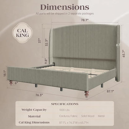 65.7" Tall Headboard California King Size Upholstered Bed Frame with Wingback, Soft Washable Corduroy Beds Cover, Solid Wood Legs, Noise-Free, No Box Spring Needed, Light Gray