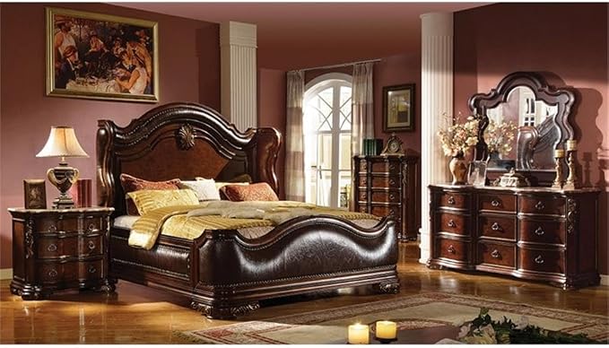 Pemberly Row Traditional Queen Bedroom Set, 4-Piece Wood Construction, Dark Walnut Finish, Upholstered Wing Headboard, Felt-Lined Drawers, Marble Tops, Beveled Mirror, Perfect for Elegant