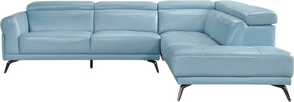 Lexicon L-Shaped Sectional Couch with Right Chaise, Top Grain Leather Match Sectional Sofa, Adjustable Headrests, Black Chrome Metal Legs, High-Density Cushions, Stitching, for Living Room, Blue