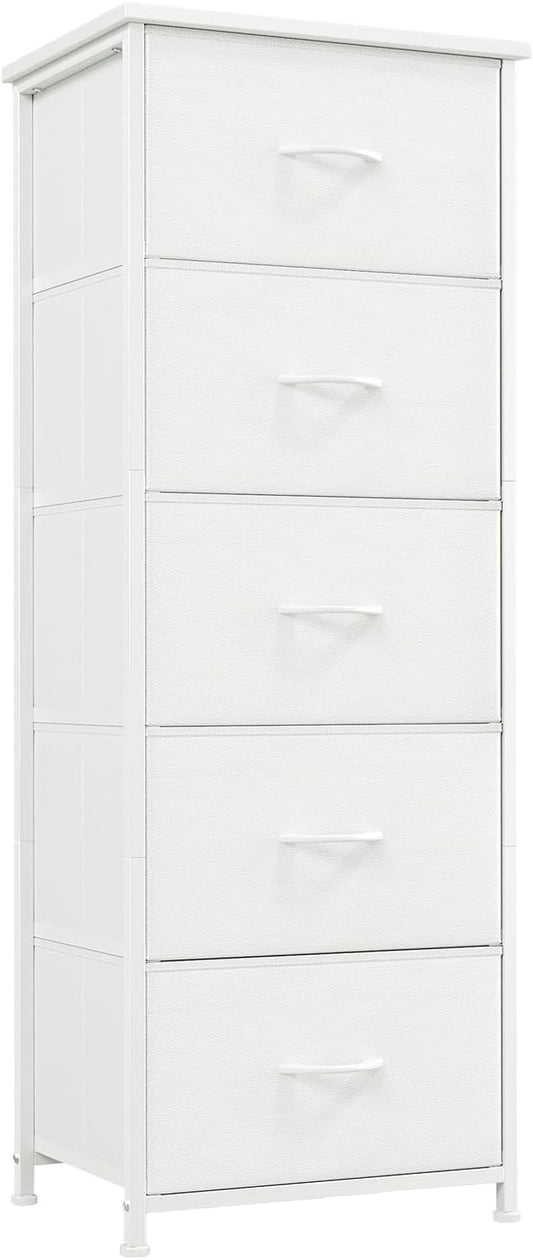 Somdot Tall Dresser for Bedroom with 5 Drawers, Storage Organizer Chest of Drawers with Removable Fabric Bins for Closet Bedside Living Room Laundry Entryway Hallway, White Leather