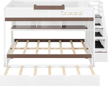 Wood Bunk Bed Full Over Full Size with Storage Staircase and Shelves, Bunk Beds Frame with Trundle and LED for Kids Teens, Space-Saving (White-12.15)