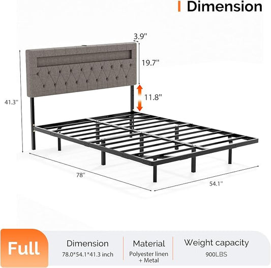 VINGLI Full Size Floating Bed Frame with LED Lights, Adjustable Velvet Upholstered Bed with Charging Station, Modern Metal Full Bed, Easy Assembly, No Box Spring Needed, Grey