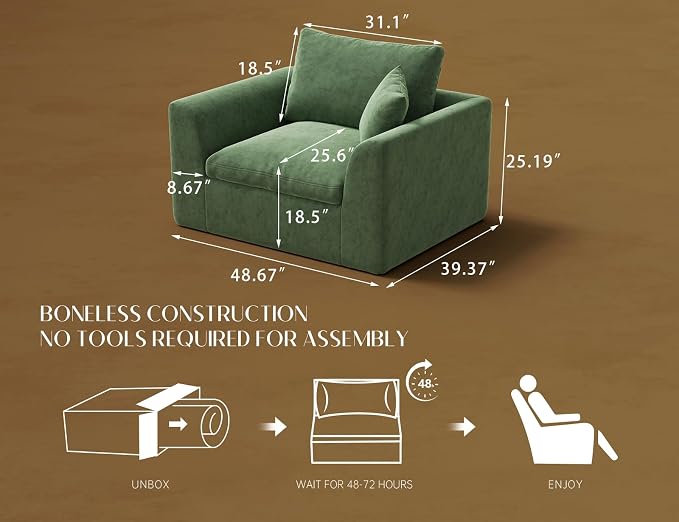 ohllob 48.6" Single Sofa, Small Boneless Couches for Living Room, Cloud Couch for Bedroom, Office, Green