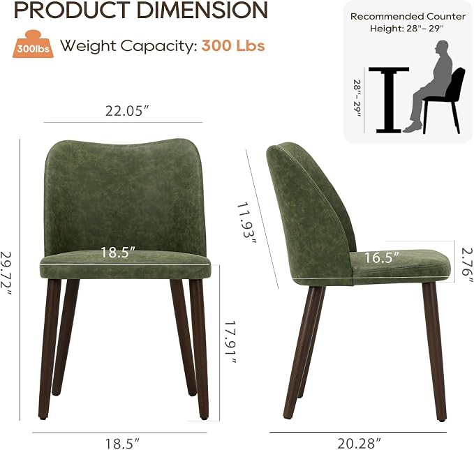 COLAMY Dining Chairs Set of 2, Upholstered Leather Kitchen Chairs with Curved Back, Padded Seat and Solid Wood Legs, Modern Dining Chair for Kitchen Dining Room, Green