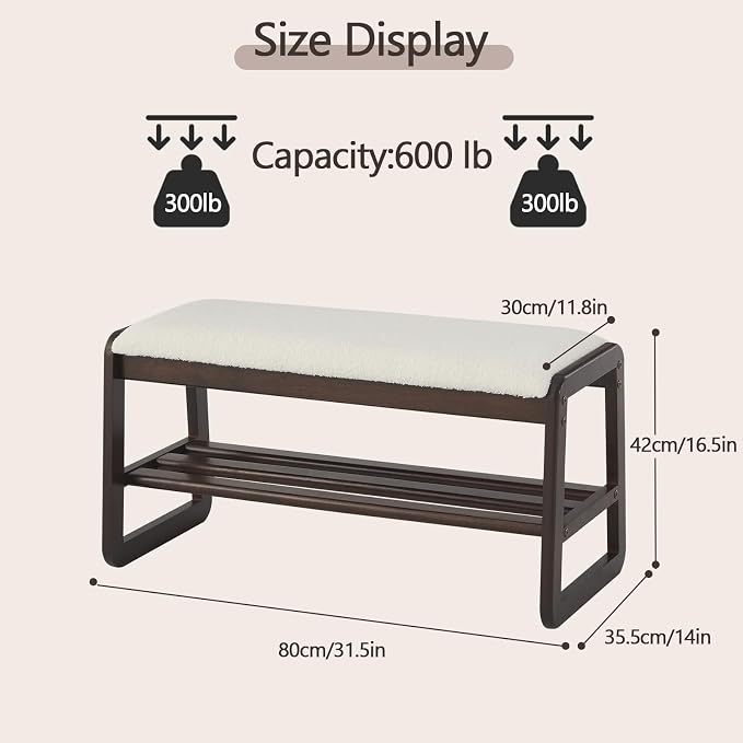 Achicsofar Shoe Rack Bench,2 Tier Solid Wooden Entryway Bench with Shoe Storage, Shoe Rack with Cushion for Living Room, Hallway(Cream White, 31.5")
