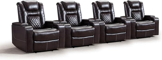 CANMOV Electric Power Recliner Chair Set of 4, Breathable Leather Home Theater Seating with Hidden Arm Storage, Power Recliner Chair for Living Room with USB Ports and Cup Holders,Brown