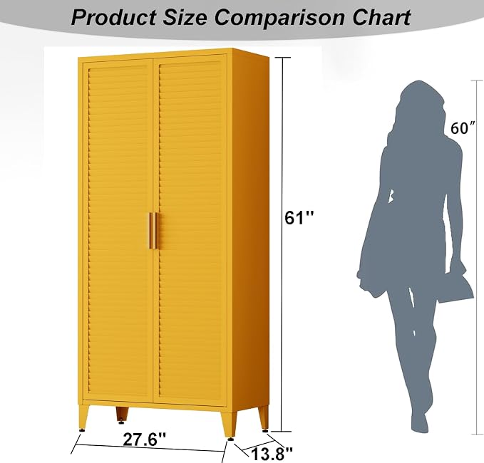 61 "H Yellow Metal Cutlery Cabinet with Door Freestanding Kitchen Cabinet with 3 Adjustable Shelf Side Panels, Suitable for Kitchen, Living Room, Dining Room Metal Cabinet,Requires Assembly