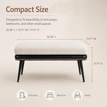 Forteek 32" Retro Upholstered Entryway Bench, Shoe Bench with Cushion | Leather & Fabric Padded Bench, End of Bed Bench for Bedroom, Dining Bench for Living Room, Storage Bench for Hallway & Foyer