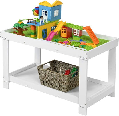 Costzon 2 in 1 Kids Activity Table w/Storage, Patented Building Block Table w/Board for Bricks Crafts Arts Draw, Children Solid Wood Play Table Desk for Preschool Toddler Boy & Girl Gift, White