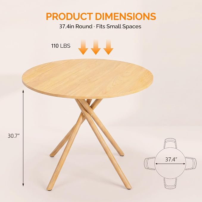VINGLI 37.5" Round Dining Table for 4, Wood Kitchen Table, Oak | Cross Metal Leg, Adjustable Feet, Wood Tabletop, Mid-Century Modern Style, for Living Room, Dining Room, Kitchen, Small Place