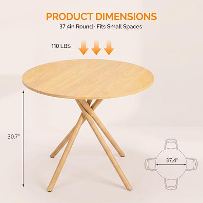 VINGLI 37.5" Round Dining Table for 4, Wood Kitchen Table, Oak | Cross Metal Leg, Adjustable Feet, Wood Tabletop, Mid-Century Modern Style, for Living Room, Dining Room, Kitchen, Small Place