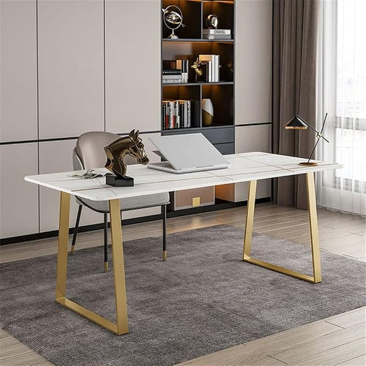 LAKIQ Modern Stone Writing Desk Home Office Working Table Desktop Computer Desk Home Writing Table-Table Only(Gold,51.2" L x 27.6" W x 29.5" H)
