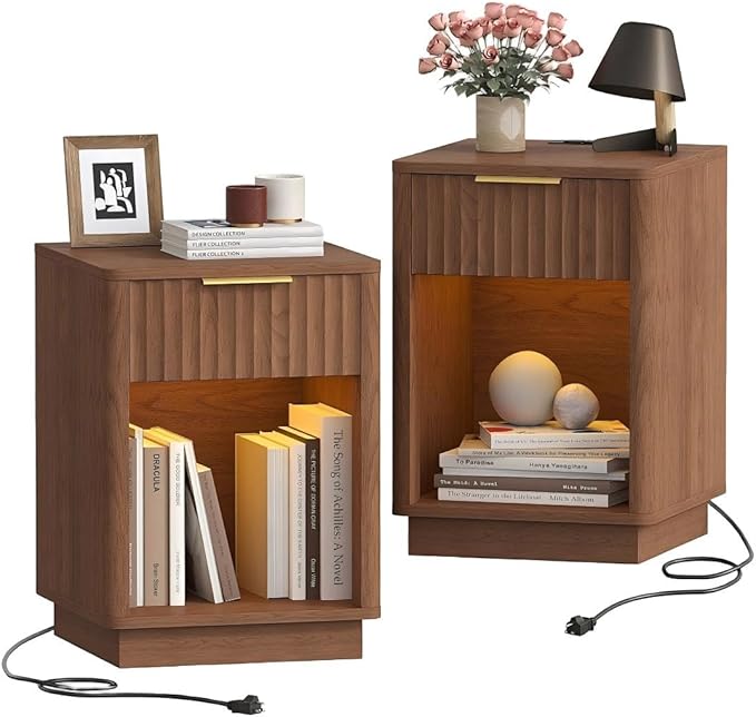 Akxomel Fluted Nightstands Set of 2, Wooden Night Stand with Charging Station and LED Light, Modern Mid Century End Table with Drawer, 15" D x 15.7" W x 22.6" H, for Bedroom, Walnut