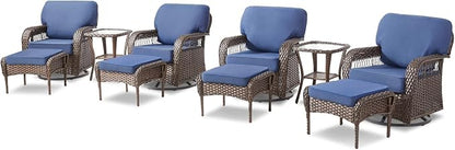 Belord Patio Wicker Swivel Rocker Patio Chairs with Ottoman, Outdoor Rattan Chairs for Deck Porch Poolside, 10 Piece Patio Conversation Furniture Set,Blue