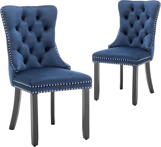 Hixkol Velvet Dining Chairs Set of 2,Upholstered Dining Chairs with Ring Pull Trim and Button Back,Modern Seating for Kitchen, Bedroom & Living Room(Blue)