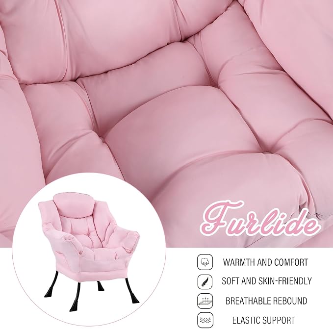 Furlide Lazy Chair for Living Room, Modern Accent Chairs with Armrests, Pink Armchairs with Side Pocket, Cozy Lazy Sofa for Reading, Balcony, Bedroom, Dorm, Small Spaces