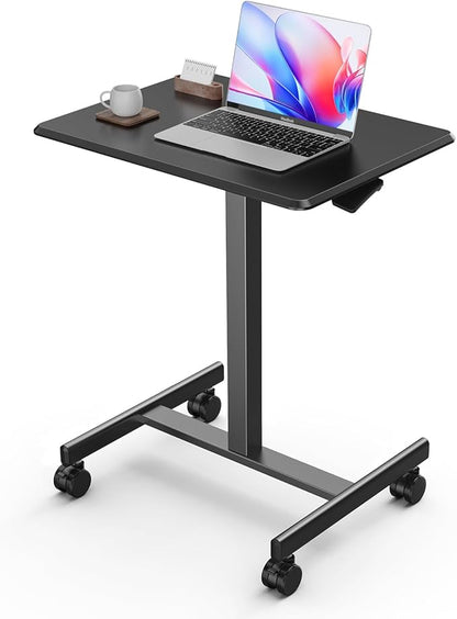 DUMOS Mobile Small Standing Desk, Portable Rolling Laptop Desk with 2 Lockable Wheels, Adjustable Height Computer Workstation for Home Office, 19 Inch Black