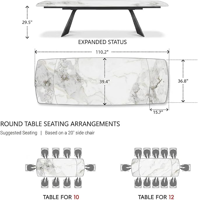 Honyee Extendable Dining Table with Leaf, 78 to 110 Inch Rectangular Sintered Stone, Modern Large Dining Room Table Seats 6 8 10 12, Metal Base, Marble Look for Family Gatherings
