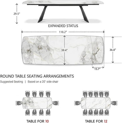 Honyee Extendable Dining Table with Leaf, 78 to 110 Inch Rectangular Sintered Stone, Modern Large Dining Room Table Seats 6 8 10 12, Metal Base, Marble Look for Family Gatherings